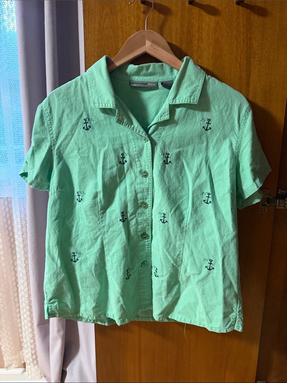 Linen & CottonMint Green Short Sleeve Button-Up Shirt with Anchor Embroidery-